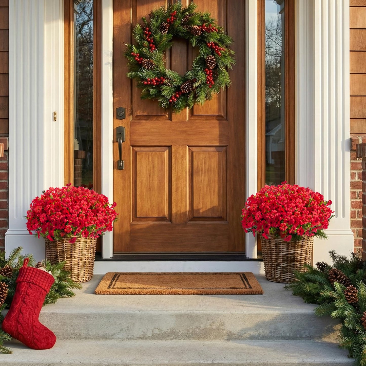 Hananona 24 Pcs Artficial Outdoor Flowers with Hanging Baskets, 2 Pack Hanging Planter with Red Outdoor Spring Flowers for Christmas Porch Home Patio Yard Decor (2, Red)