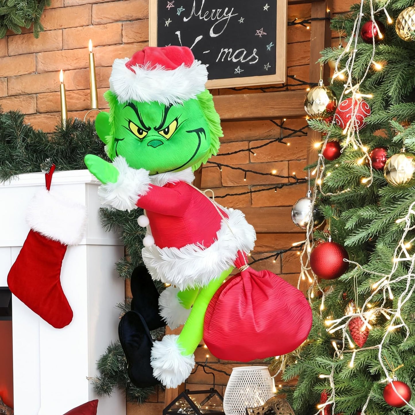 Christmas Green Monster Decorations, 23.6in Light Up Green Santa with LED String Lights Christmas Tree Ornaments, Pose-able Stuffed Doll for Outdoor Indoor Lawn Decoration