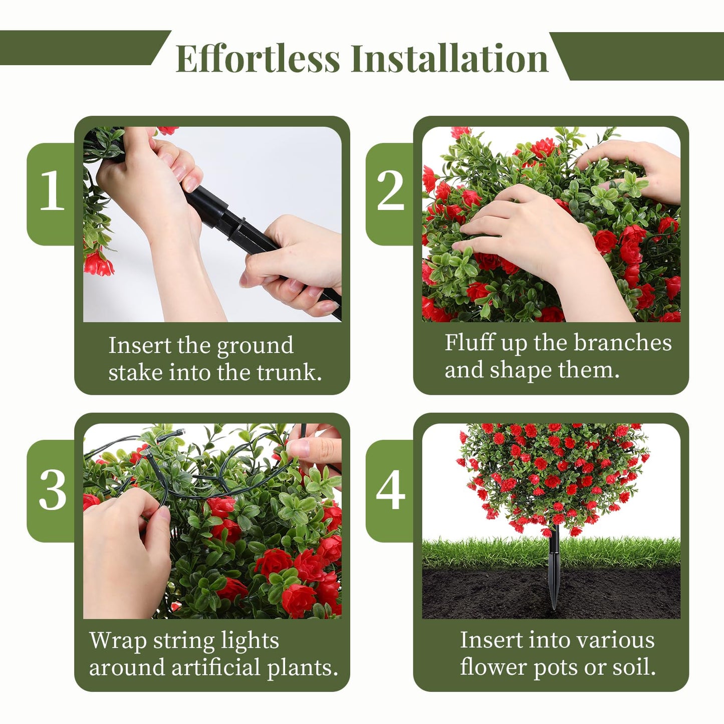 Lewondr Artificial Red Flowers Boxwood Topiary Ball with LED Lights,23.6'' Artificial Shrub Bushes with Ground Spike,UV Resistant Faux Greenery Shrubs,Fake Plants for Indoor Outdoor Garden Patio Decor