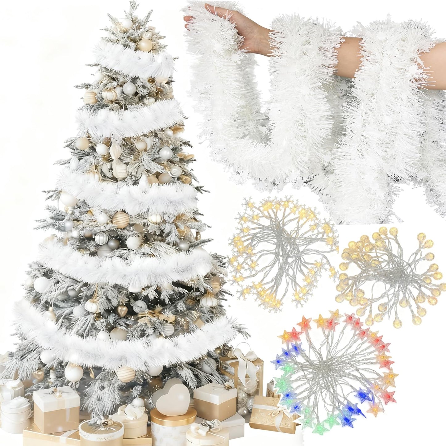 LKBBC Christmas Tinsel Garland with Light, 50 FT Metallic Tinsel Twist Garland Shiny Hanging Decor for Home Window Fireplace Indoor Outdoor, Xmas Ornaments Christmas Tree Decoration,White