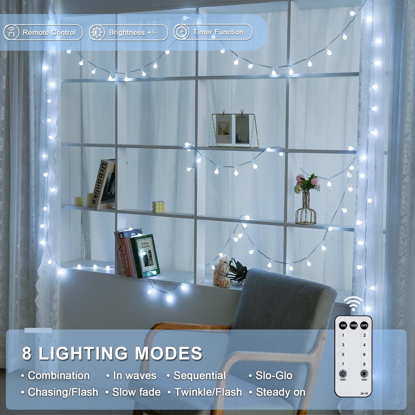 JMEXSUSS 100 LED White String Lights Indoor, Connectable Globe String Lights Plug in with Remote, 33 ft 8 Modes Christmas Fairy Light Outdoor for Bedroom Room Mirror Party Holiday Valentines Decor