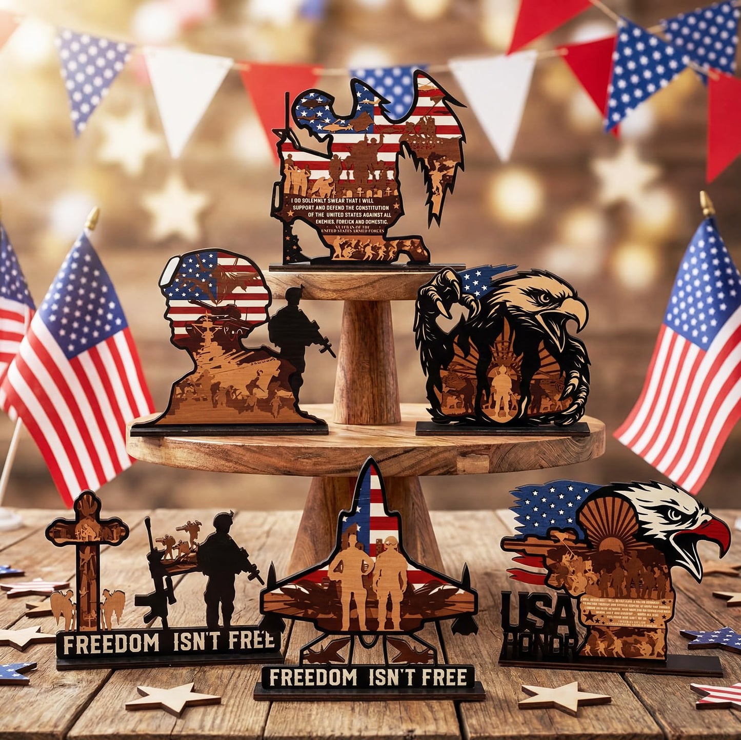 Yuntau 6 Pcs 4th of July Patriotic Table Decorations 250th Anniversary Wood Table Centerpiece American Soldier USA Wooden Tabletop Sign for Independence Veteran Day Shelves Memorial Tiered Tray Decor