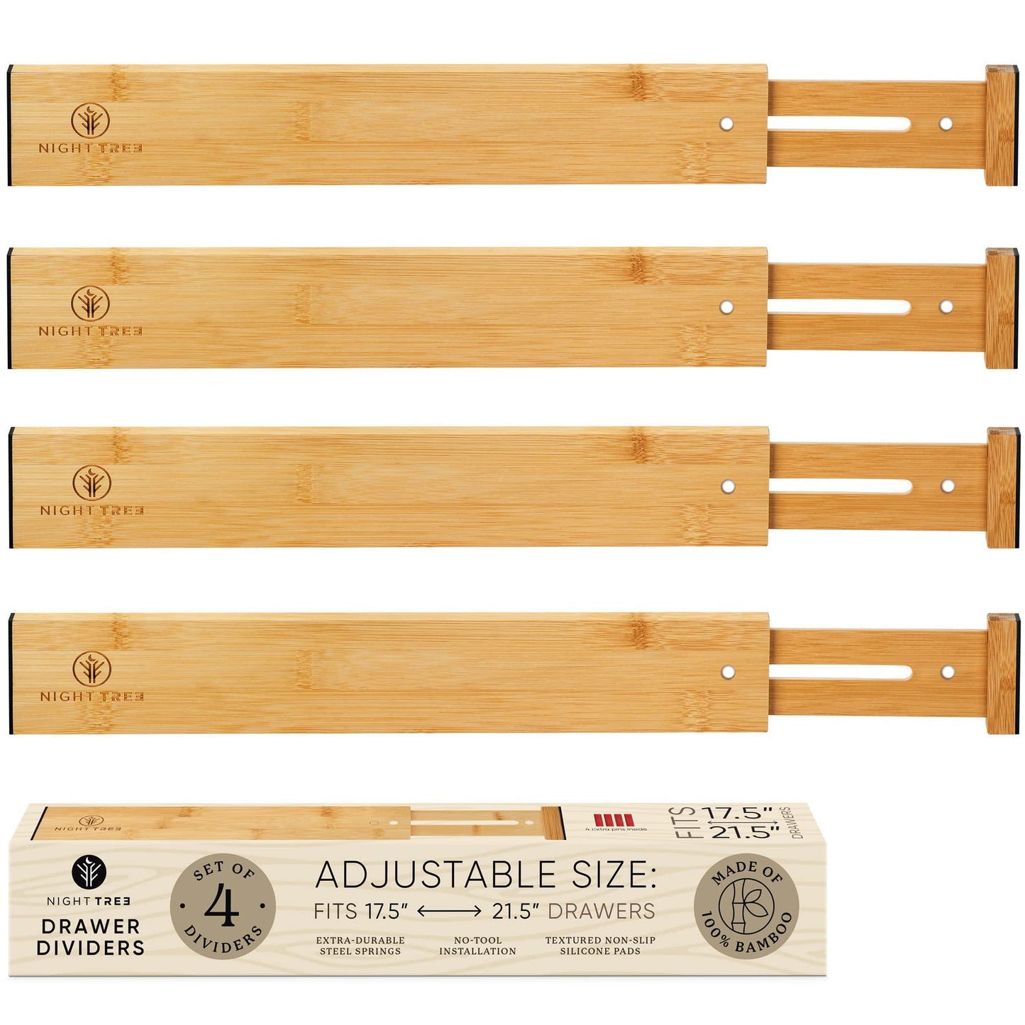 Night Tree Expandable Bamboo Drawer Dividers – drawer separators for Clothes, Kitchen Utensils, Bathroom, and Dresser Drawers (17.5" to 21.5")