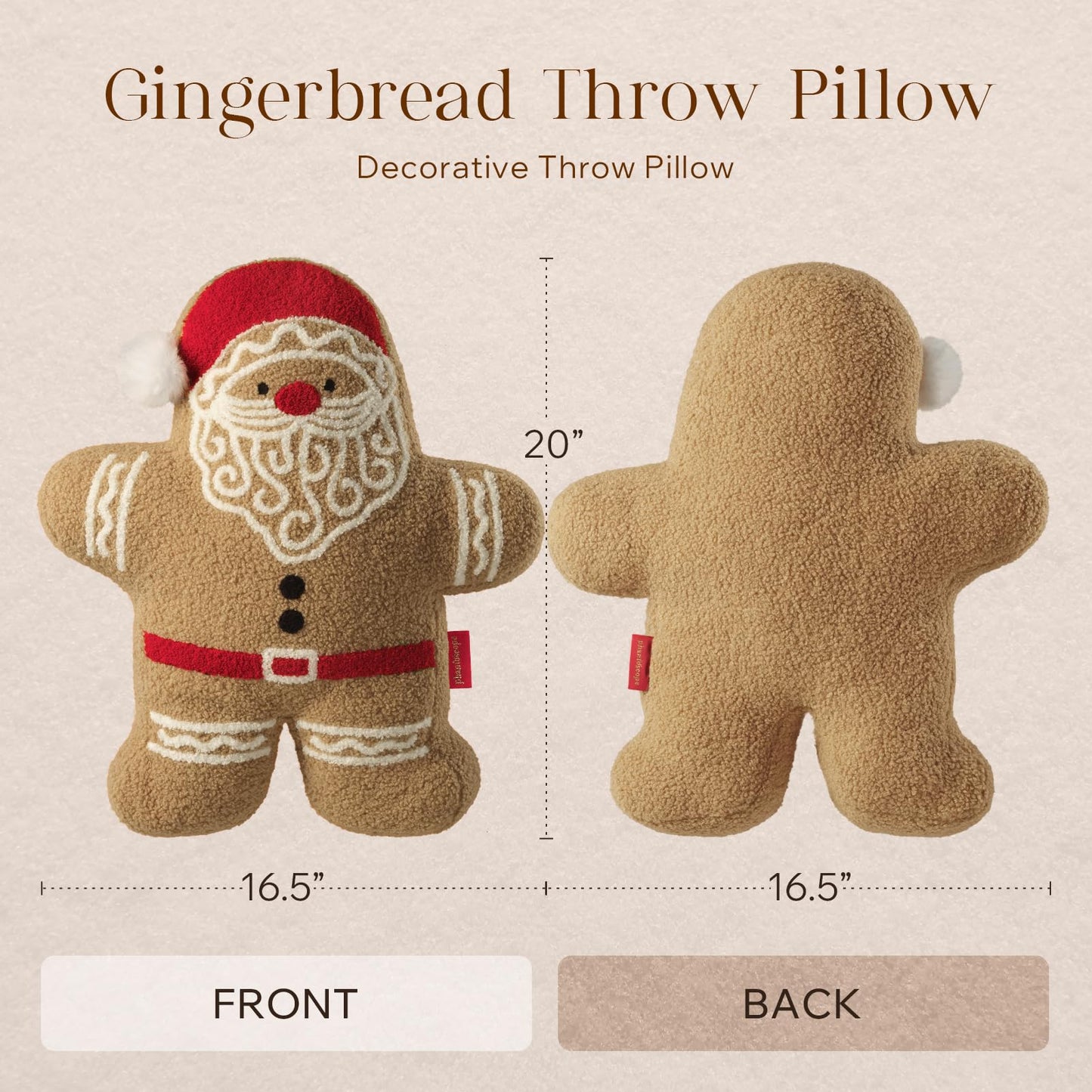Phantoscope Gingerbread Merry Christmas Throw Pillow, Plush Teddy Xmas Gingerbread Santa Claus Shaped Pillows Christmas Decorative Pillow for Couch Living Room Bed, Beige, 20 x 16.5 inches