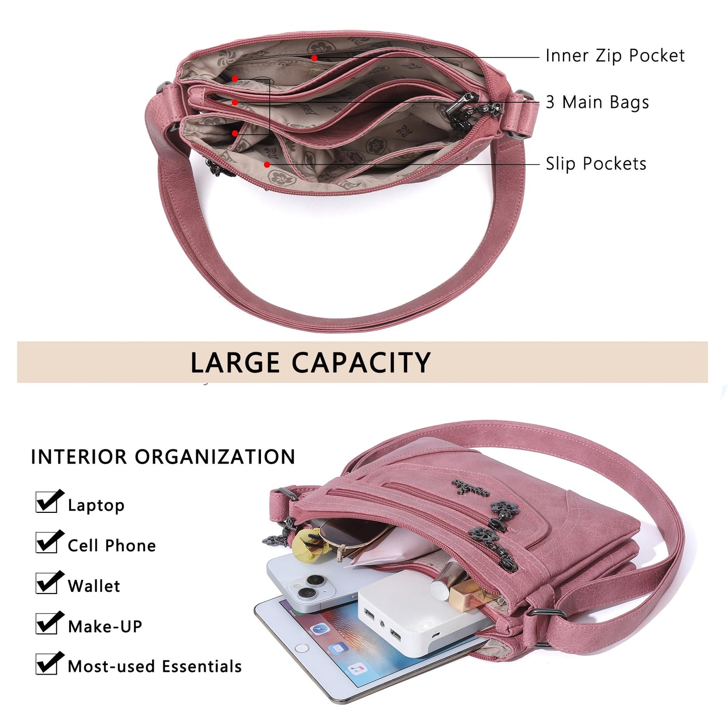 Angel Kiss Small Crossbody Bags for Women, Multi-Pocket Washed Vegan Leather Purses, Lightweight Travel Shoulder Bag with Adjustable Strap for Everyday