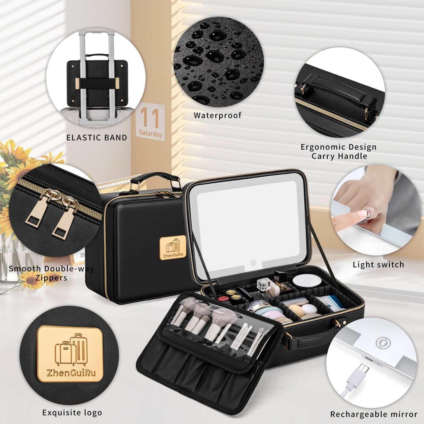 Gdsshuhung Upgraded Makeup Bag with LED Mirror, Travel Makeup Bag with Compartments, Waterproof Cosmetic Travel Bag, Portable Makeup Case Organizer with Lighted Mirror & Brush Storage (Black)
