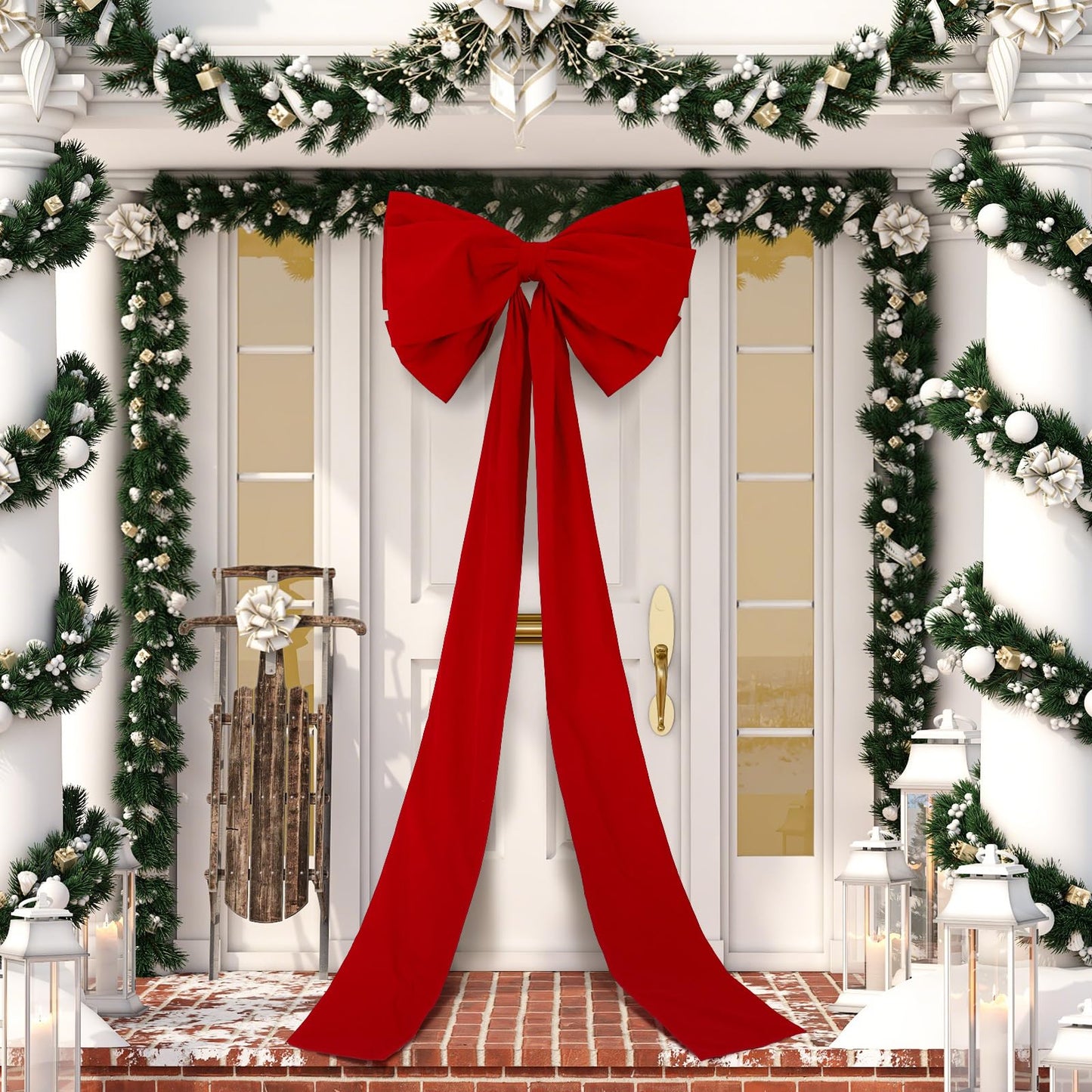 Knitgrip 1 Pack Extra Large Christmas Front Door Bow Decorations 27 x 78 Inch Red Giant Velvet Christmas Tree Topper Bow with Long Streamers Wreath Wall Decor for Home Xmas Room Holiday Porch