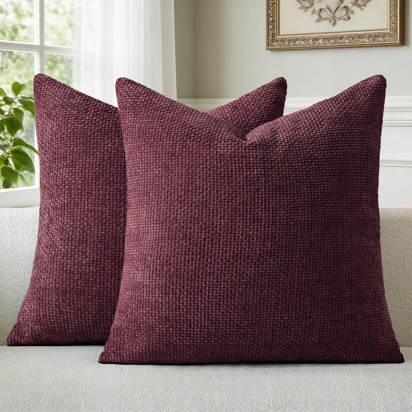 a moment Christmas Wine Red Chenille Throw Pillow Covers 20x20 Inch Pack of 2 Modern Decorative Throw Pillow Covers Farmhouse Cross Covers Home Decor for Sofa Bedroom Living Room