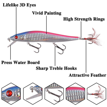 Fishing Lures Kit Crankbait Minnow Hard Bait Set Deep Diving Jerkbait Swimbait Popper Pencil Walleye Lures Artificial Fishing Bait for Bass Trout Redfish Saltwater Freshwater Fishing Lure