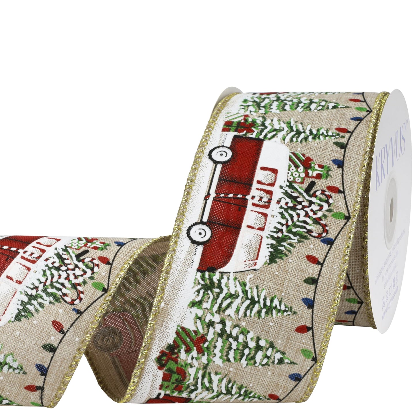 Kryvus Christmas Wired Ribbon, 2.5 Inch x 10 Yards, Natural Linen Ribbon with Gold Wired Edge for Wreaths, Gift Wrapping, Christmas Tree Decorations and Holiday Crafts (Bus)