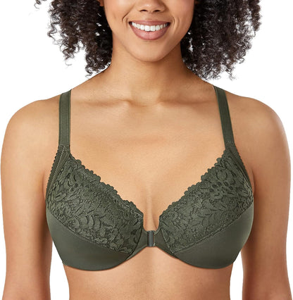 DELIMIRA Women's Front Closure Plus Size Full Coverage Lace Underwire Racerback Bra