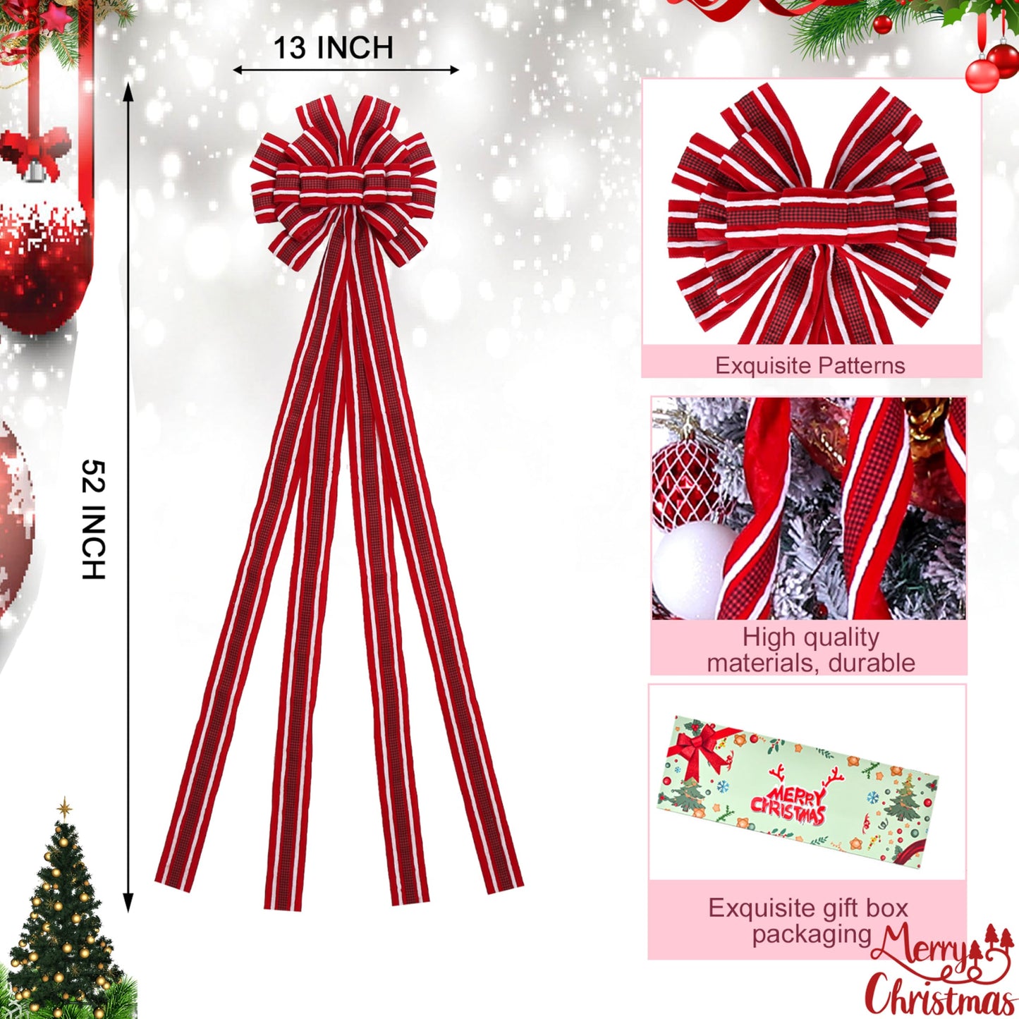 Christmas Tree Topper Bow Large Red Christmas Wreath Bow Tree Topper, Flocking Fabric with White Raw Edge Gift Bows for Xmas Ornament Holiday Home Thanksgiving Indoor/Outdoor Decor 52x13 Inches