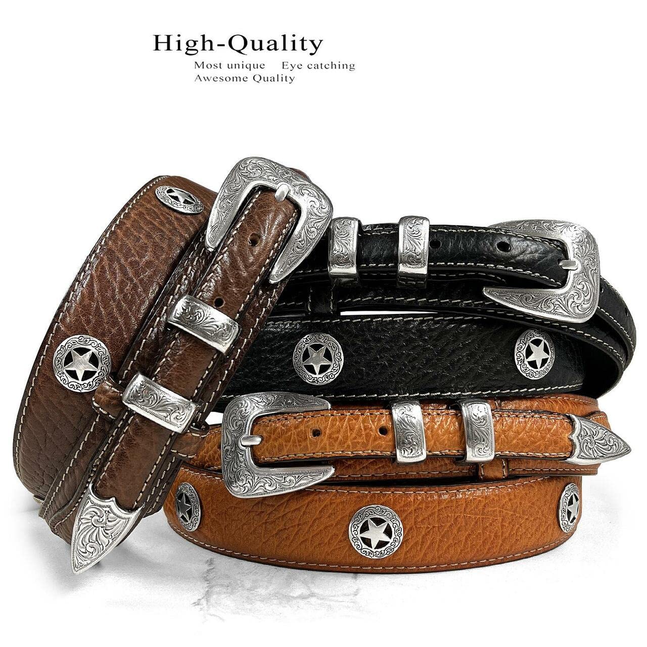 Silver Engraved Ranger Star Concho Genuine Leather Western Ranger Belt (Black, 42)