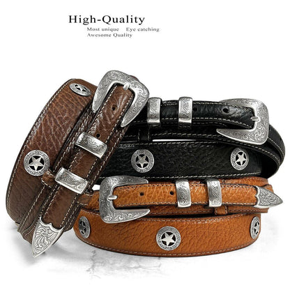 Silver Engraved Ranger Star Concho Genuine Leather Western Ranger Belt (Black, 42)
