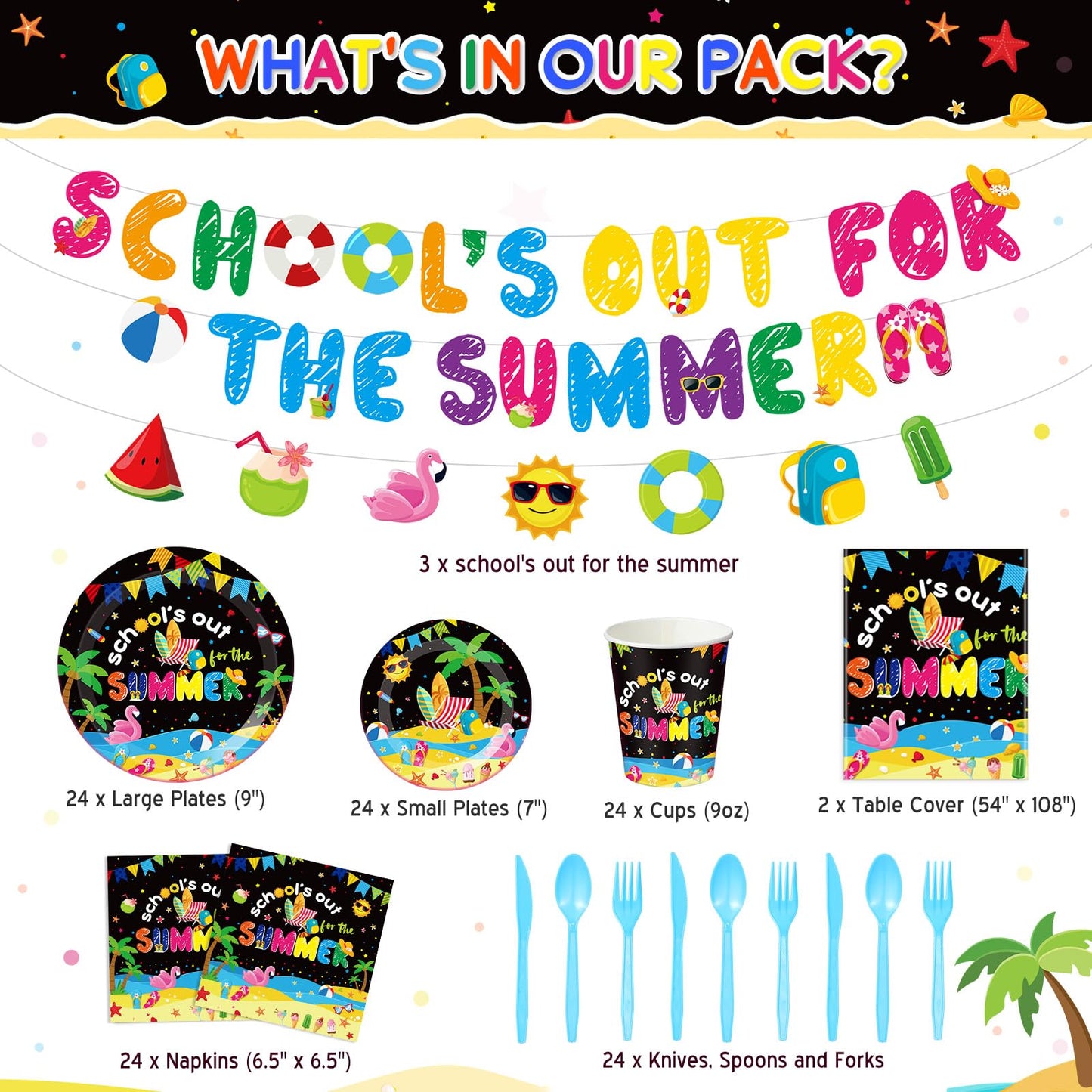 Yiyiring 173 Pcs School's Out for Summer Party Supplies End of School Year Party Decorations Serve 24 Guests Include Plate Cup Napkin Tablecloth Banner Cutlery for Last Day of School 2026 Grad