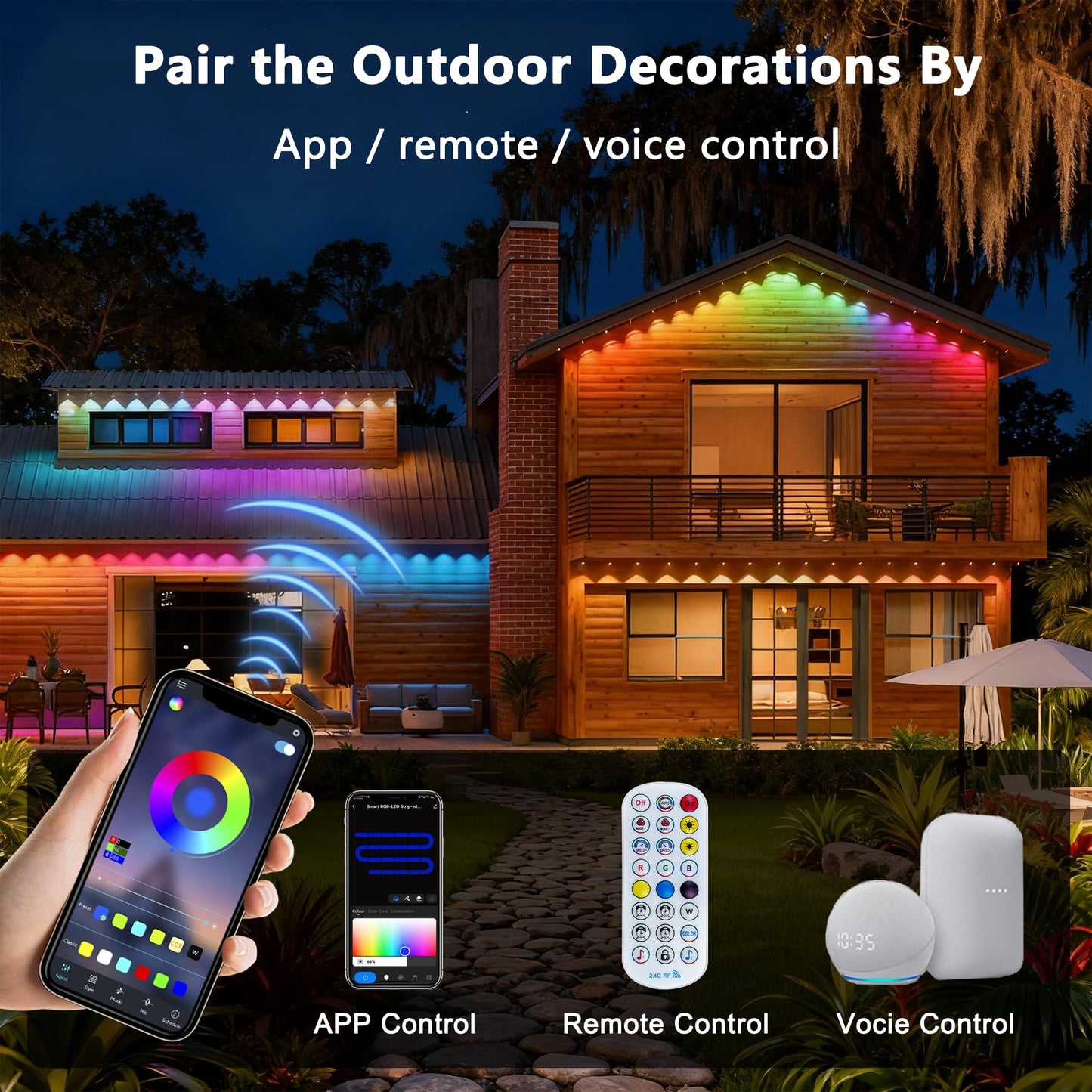 Permanent Outdoor Lights, 100ft with 60 RGB+IC LED Lights for House, 75 Scene Modes, IP68 Waterproof Eave lights Compatible with Alexa, Google Assistant for Halloween, Christmas, Outdoor Daily Decor