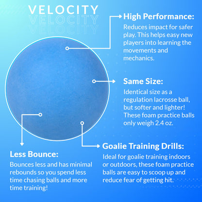 Velocity Soft Foam Practice Lacrosse Balls for Youth, Lacrosse Soft Training Balls for College and High School Beginners, Indoor Soft Lacrosse Balls Official Size - Carolina Blue, 6