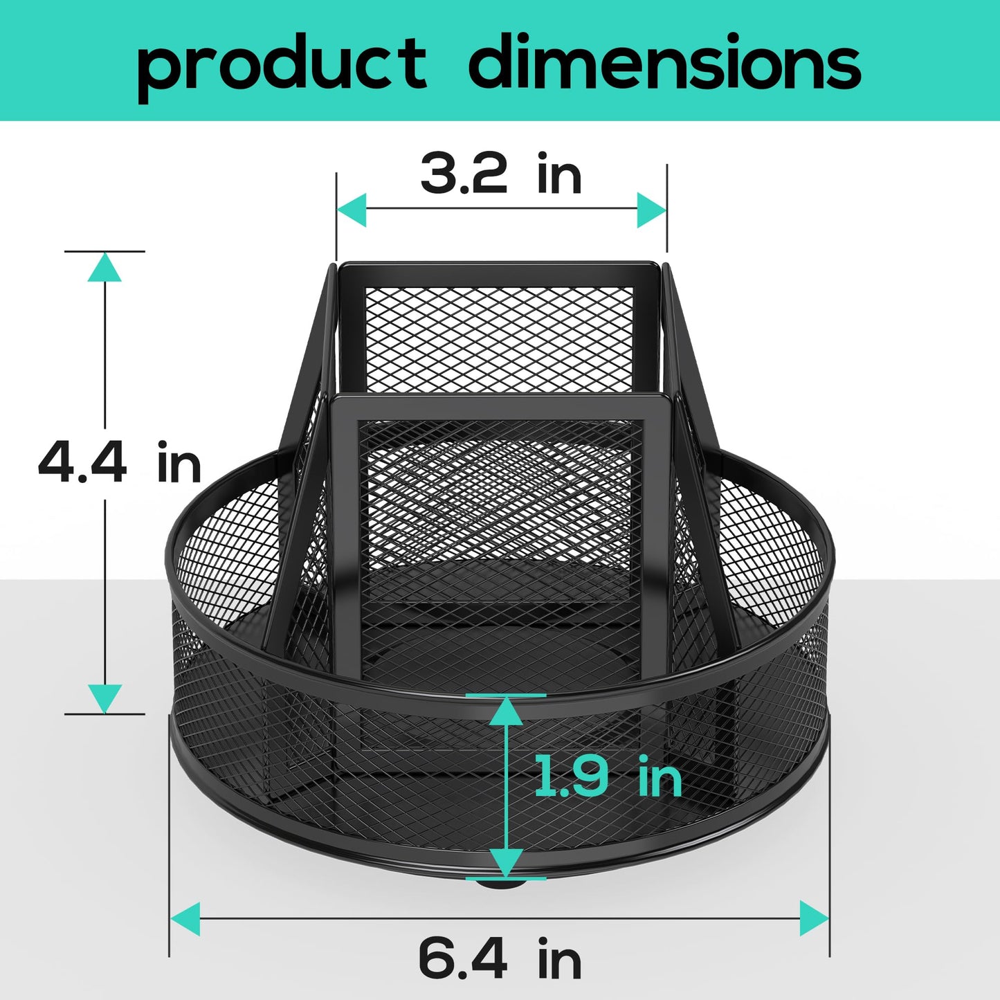 YINGHUA Metal Mesh Desk Organizer with 5 Compartments and Rotating Pencil Holder Pen and Stationery Organizer for Office Home School Anti Slip Base Black