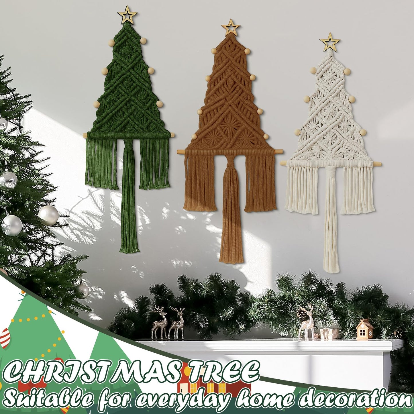 HunnmingRe 3 Pcs Large Macrame Christmas Tree Macrame Christmas Wall Decoration Hanging Ornaments Boho Wall Decor for Party Supplies (Beige,Brown and Army Green)