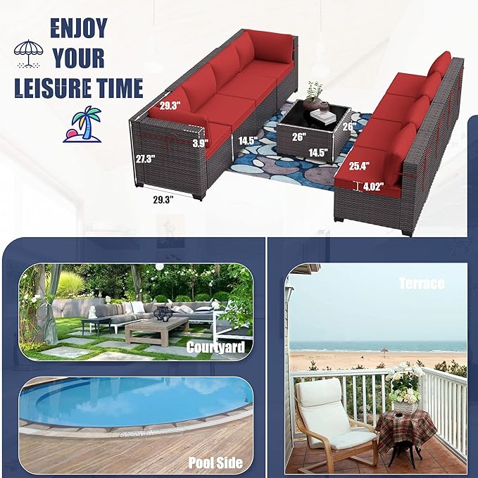 Kurapika 7 Pieces Patio Furniture Set, Rattan Wicker Outdoor Conversation Sets w/4 Inch Cushion and Glass Coffee Table(Red)