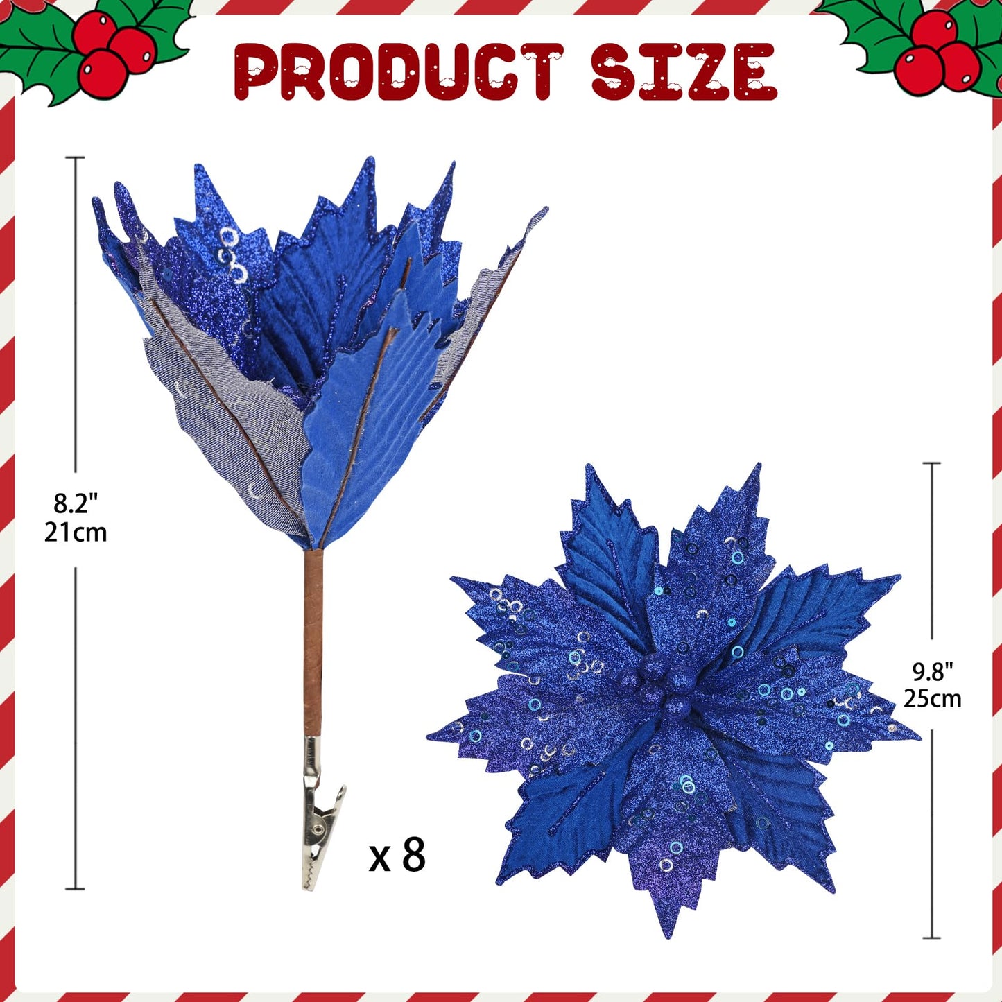Briful 8PCS Poinsettias Artificial Christmas Flowers 9'' Blue Velvet Christmas Floral Picks and Sprays Poinsettias Giltering Flowers with Clips for Xmas Tree Vase Arrangement Wreath Garland Decor
