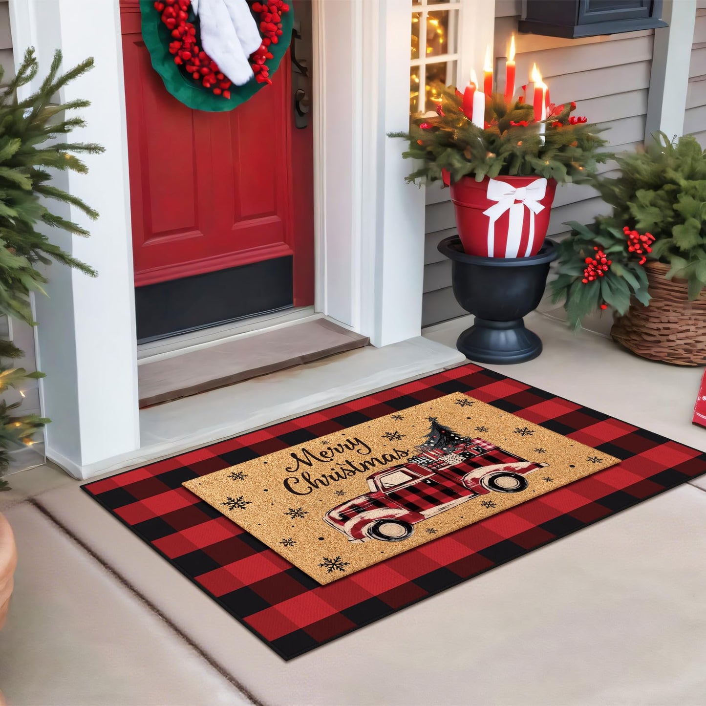 Fourluoo 2 Pcs Christmas Front Porch Rug Buffalo Plaid Christmas Door Mat Imitation Coco Coir Red Truck Xmas Welcome Layering Rug for Outdoor Winter Home Festival Holiday Decor, 28 x 43 Inch