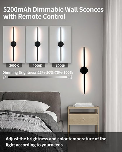 Wireless Wall Sconces Set of 2 Linear，20Inch Battery Operated Wall Lights with Remote Control，360°Rotate Dimmable Wall Lamps for Living Room, Bedroom and Hallway (Black)