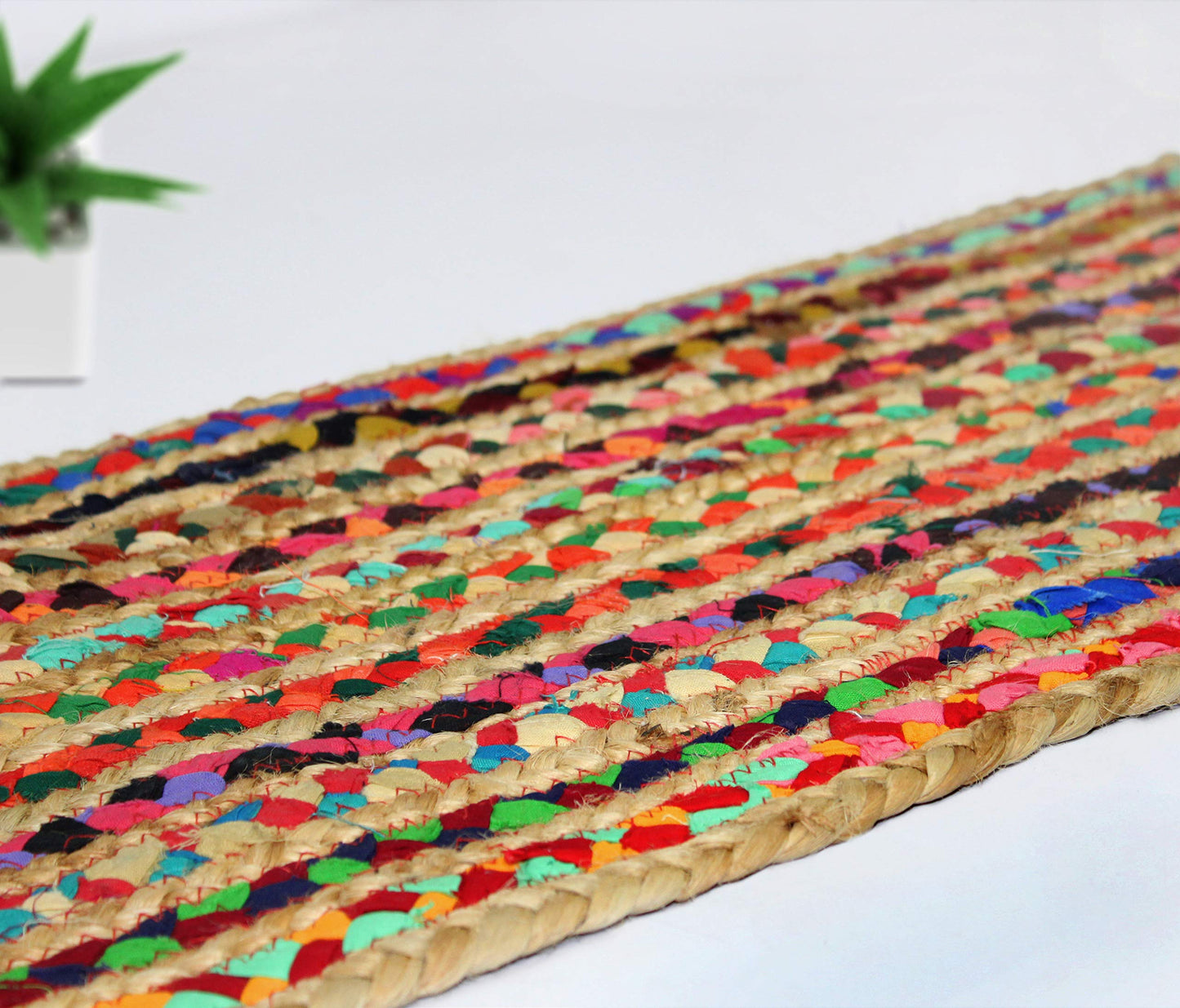 COTTON CRAFT Jute Chindi Table Runner - Braided Handwoven Reversible Tablerunner - Summer Fall Harvest Holiday Festive Party Boho Rustic Farmhouse Dining Kitchen Tabletop - 13 x 72 inch - Multicolor