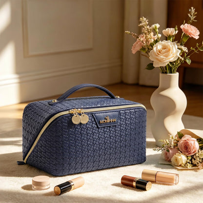 Travel Makeup Bag for Women: 3 Pcs Set Cosmetic Bags for Women - Large Capacity Vagen Leather Hand-made for Toiletry Organizer - Waterproof Ladies Travel Flat Open Essentials for Luxury (03Blue)