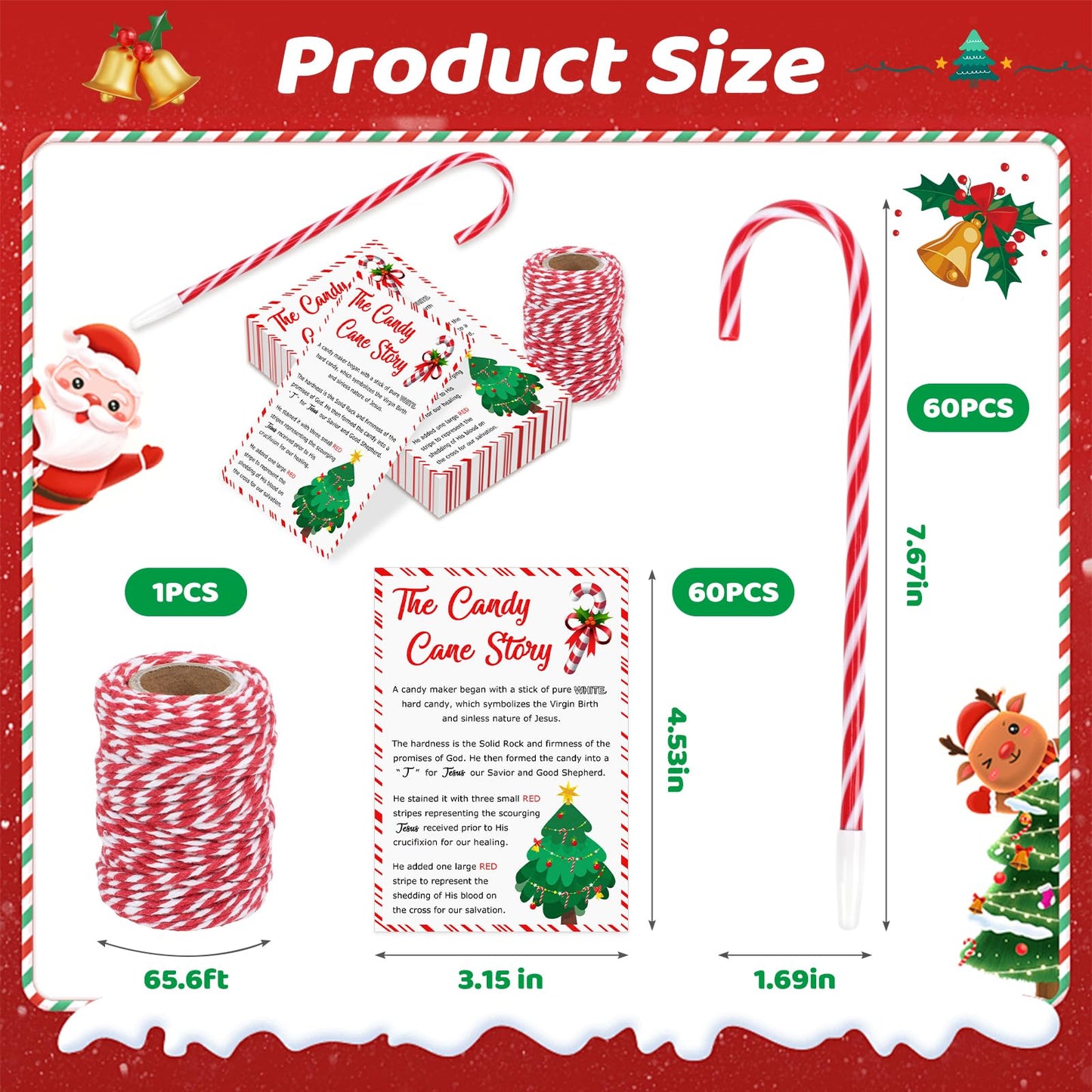 SAYAYA 60 Sets Christmas Candy Cane Pens Legend of Candy Cane Cards Xmas Religious Story Ballpoint Pens with Cotton Twine for Christmas Church Sunday School Supplies Party Gifts