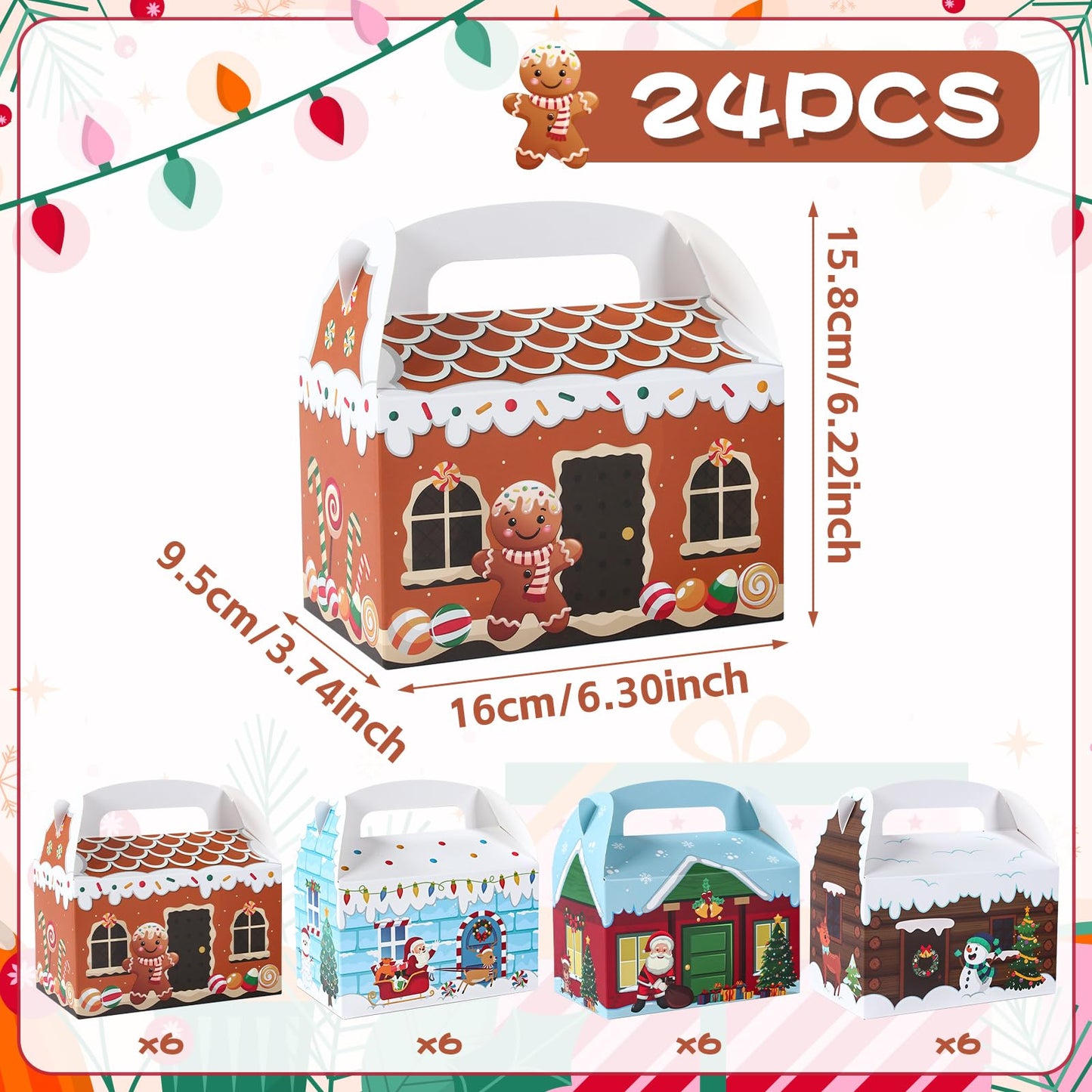 Patimate 24pcs Christmas Cookie Boxes for Gift Giving, 4 Style 3D Xmas House Cardboard Treat Boxes with Handles for Christmas Goodie Candy Holiday Party Favor Supplies