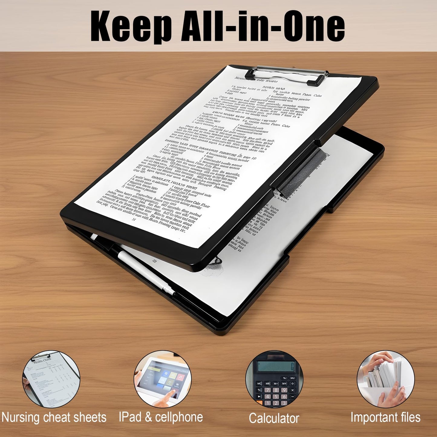 Afcabakila 3 Pack Clipboard with Storage, Foldable Clipboard Organizer with Pen Holder, Heavy Duty Plastic Writing Board for Nurse, Teacher, Student, Office Supplies, Black