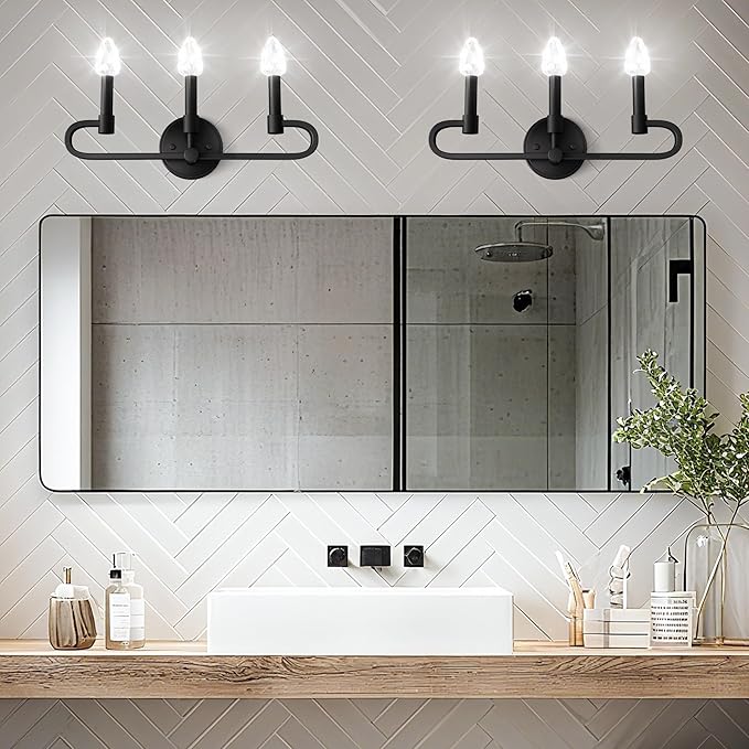 Farmhouse and Modern Bathroom Lighting Fixtures Over Mirror, 3 Light Matte Black Bathroom Vanity Lights, Crystal Bathrooms Wall Sconces(Includes Bulb)
