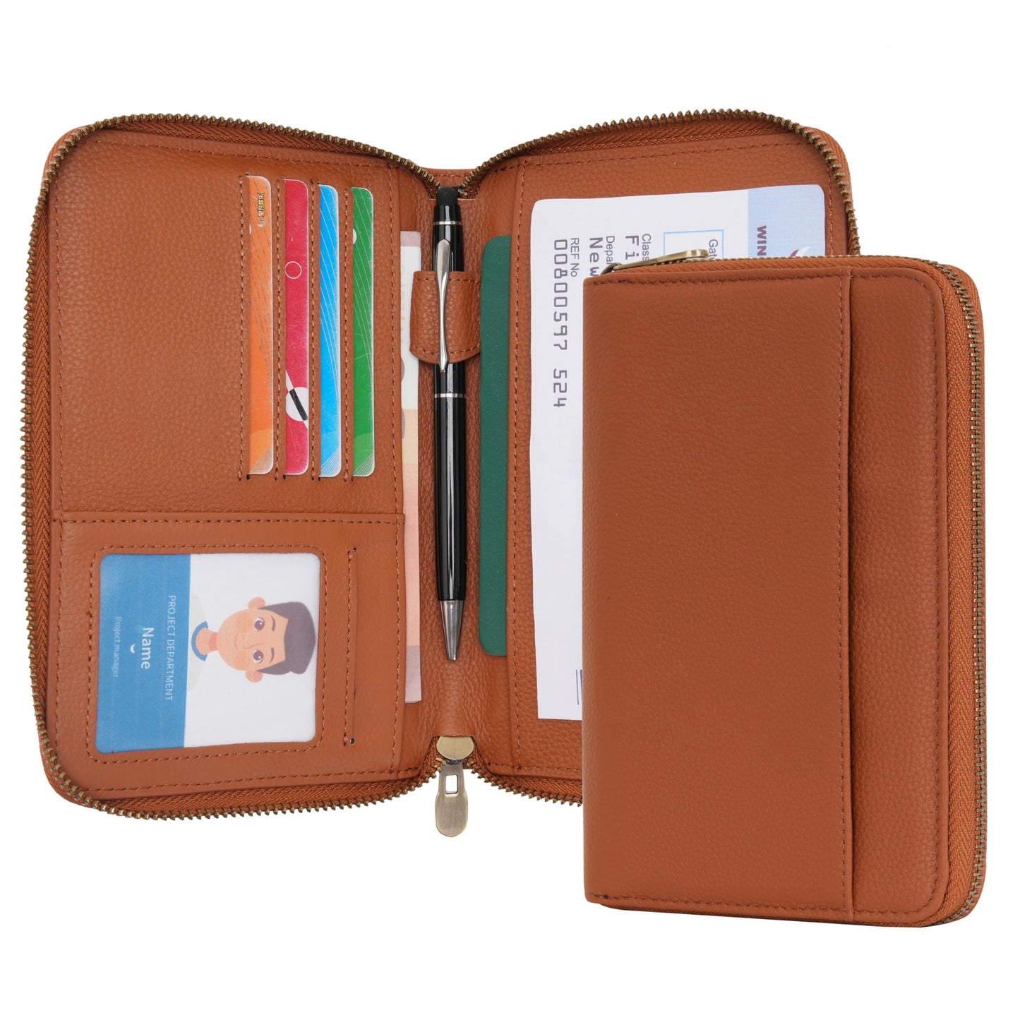 WASON Leather Zipper Travel Passport Wallet Holder RFID Blocking Cover, Passport case Pocket Slot for Card, Cash, ID, Boarding Pass and Ticket for Men, Women and Family Trips (Brown)