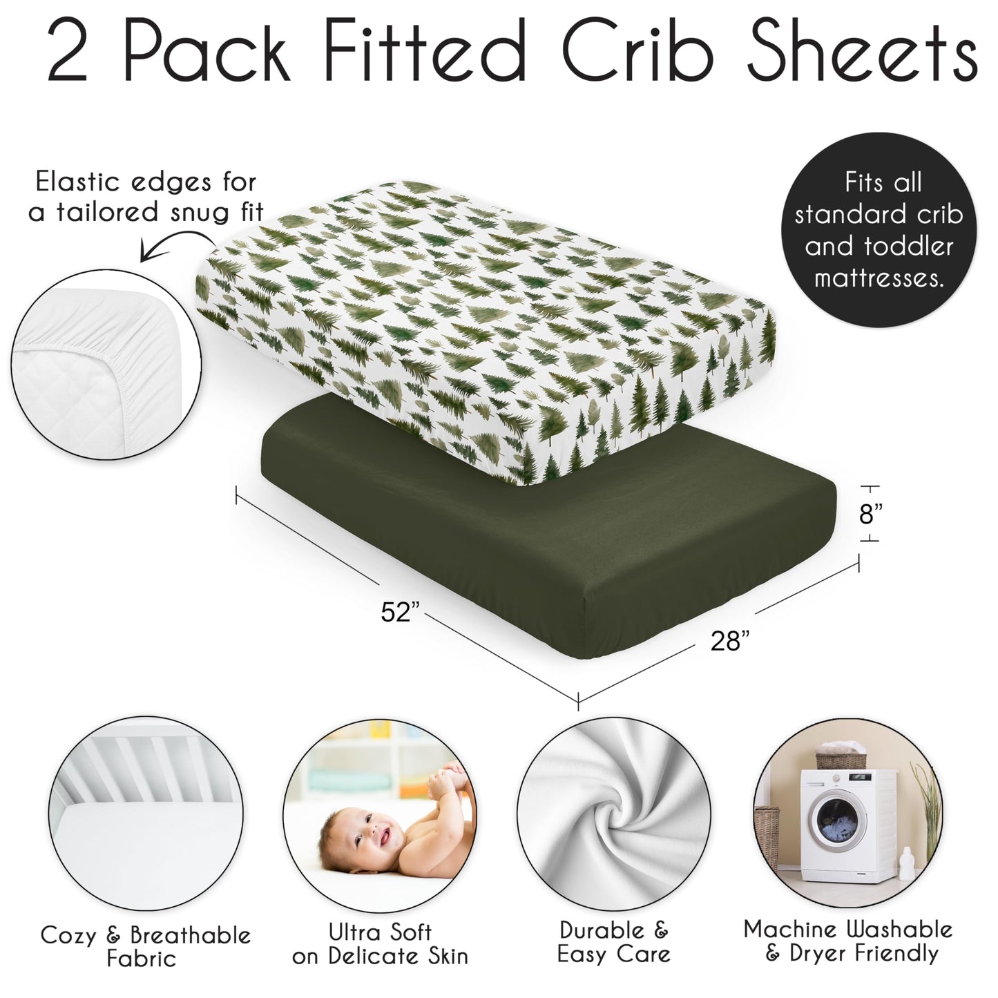 Sweet Jojo Designs 2-Piece Baby Crib Sheets Set (Green Woodland Tree) for Boys or Girls, Infant Nursery, Toddler Room - Standard Size (Neutral, Solid, Forest Pine Trees, Wilderness, Christmas Fir)