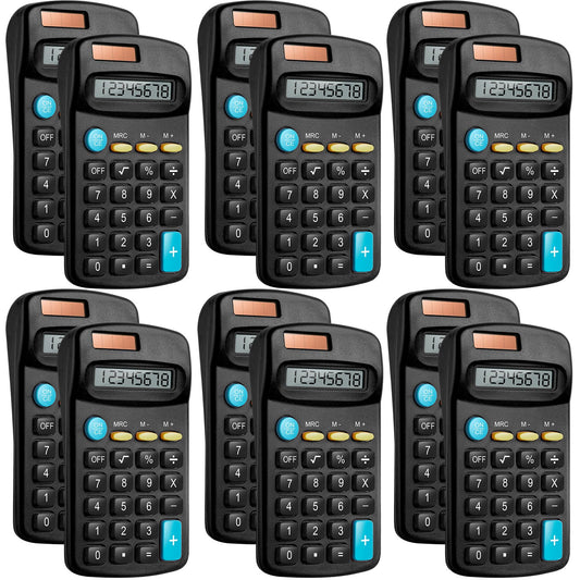 12 Packs Pocket Size Mini Black Calculator Basic Calculators for Handheld Angled Students 8 Digit Display Solar Battery Dual Power Small Calculator for Students Kids Home Office