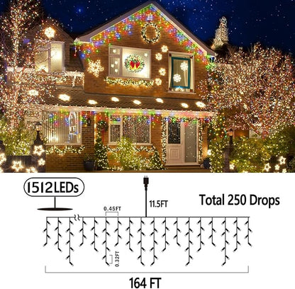 164FT Christmas Lights Outdoor Decorations 1512LED Fairy String Light 12 Lighting Modes with Timer Memory Waterproof Christmas Light for Yard Roof Party Holiday Wedding Garden Decor