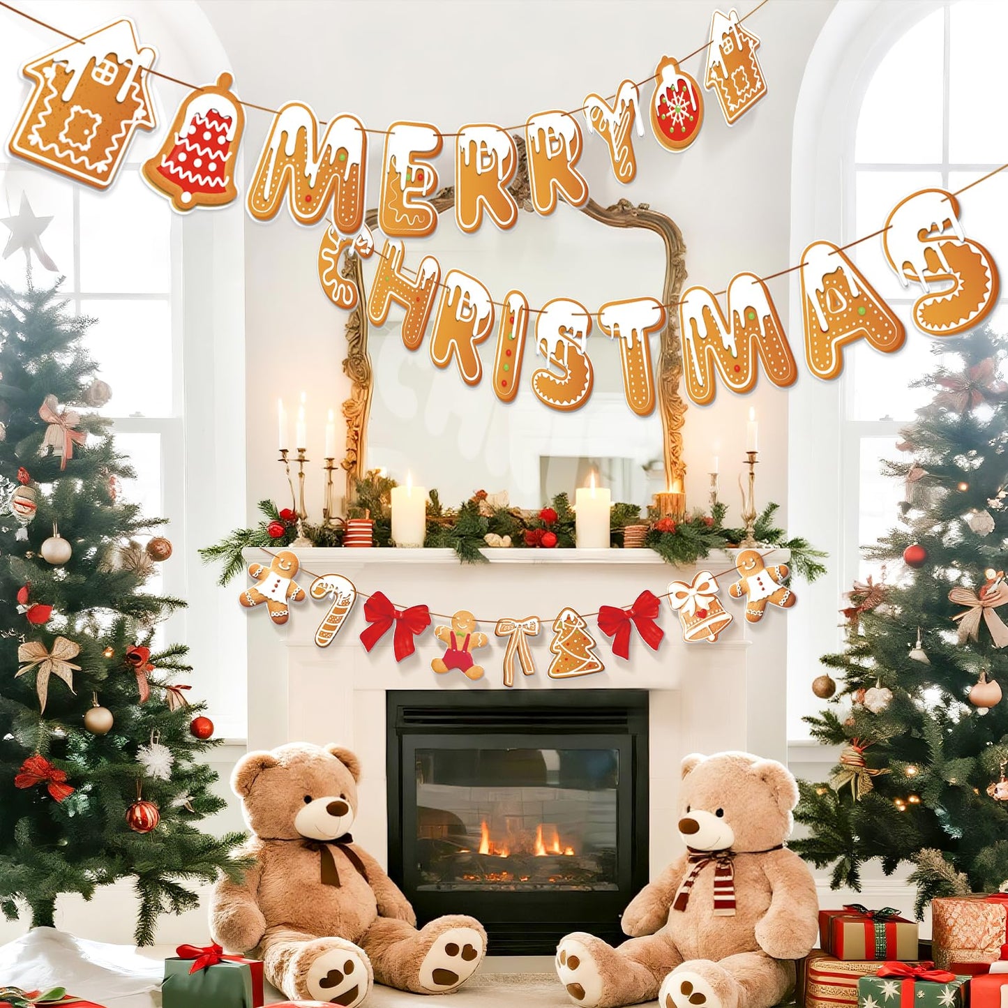 PAPER JAZZ Gingerbread Christmas Decoration Merry Christmas Banner,3 Pcs Gingerbread Christmas Garland,Xmas Backdrop Cute Hanging Decor for Wall, Tree, Door, Yard, Home, Office, Indoor Outdoor.