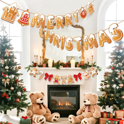 PAPER JAZZ Gingerbread Christmas Decoration Merry Christmas Banner,3 Pcs Gingerbread Christmas Garland,Xmas Backdrop Cute Hanging Decor for Wall, Tree, Door, Yard, Home, Office, Indoor Outdoor.