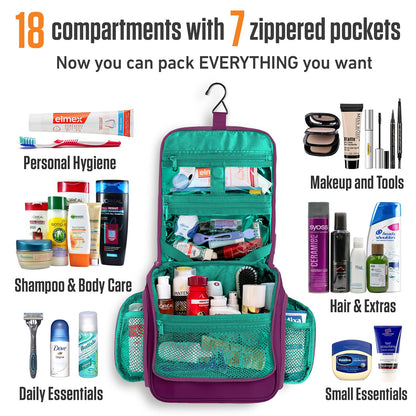 VENTURE 4TH Hanging Travel Toiletry Bag for Women & Men - Travel Organizer with Expandable Compartments & Removable Clear Pouch for Toiletries (Purple/Mint)