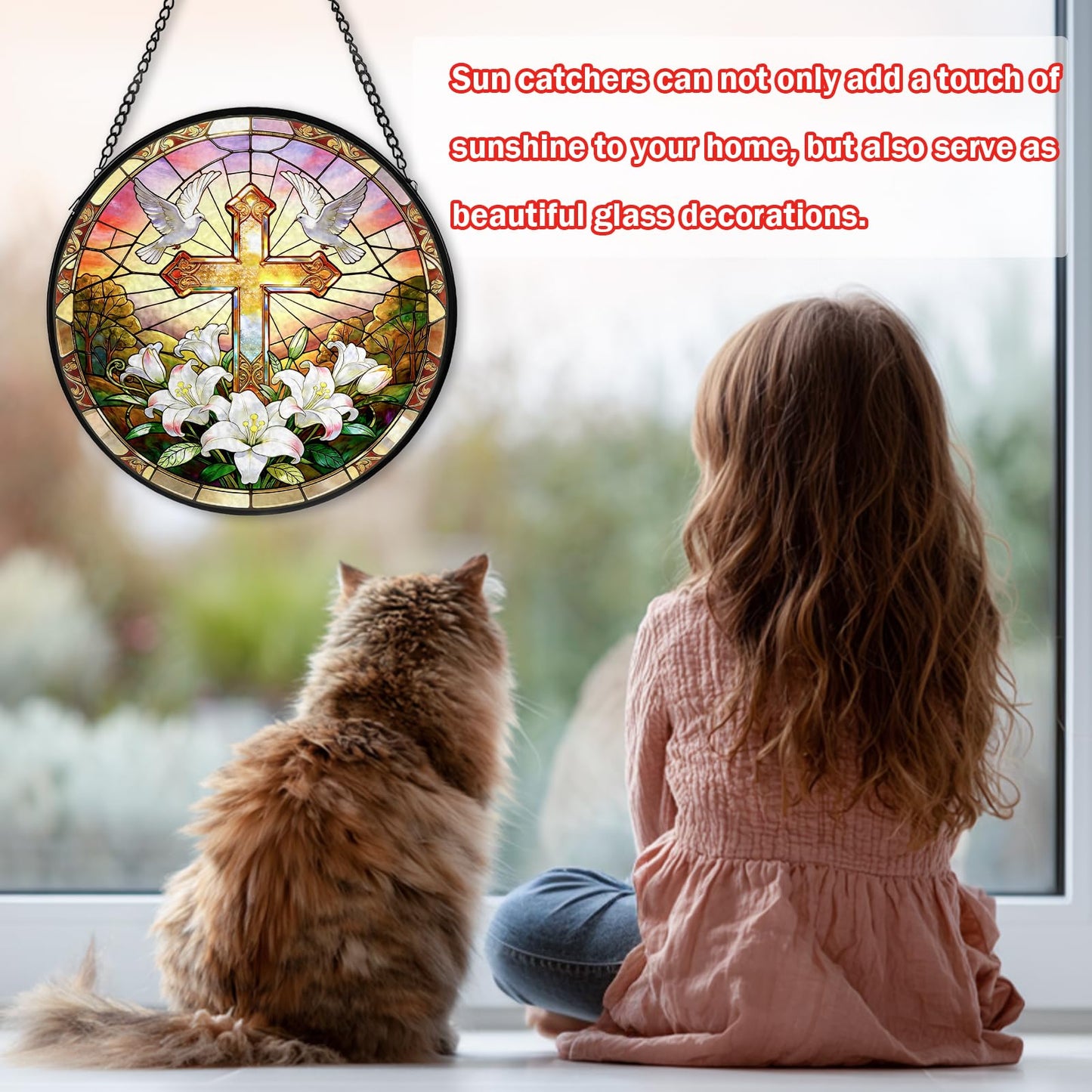 Cross Stained Glass Window Hanging, Flower Suncatcher Diamond Glass Panel Hangings, Sun Catchers Indoor Windows Wall Art Decor, Pastor Christian Gift, for Home Office 7.87 inches