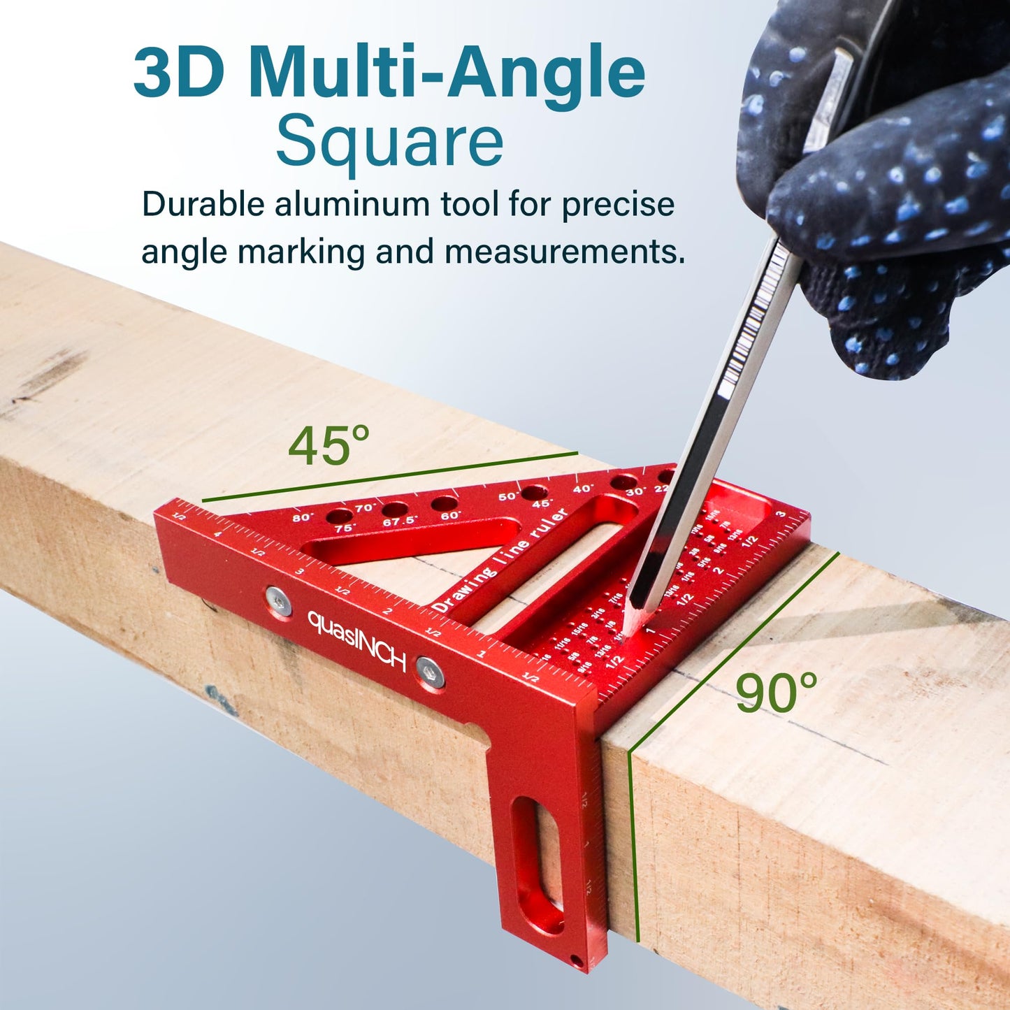 4.7＂Mini 3D Multi-Angle Measuring Square Ruler, QWTR1 High Precision Hole Scribing Woodworking Tools, 22.5°-90° Aluminum Alloy Carpenter Square with Angle Pin, Carpenter Pencil with Sharpener 6 Leads