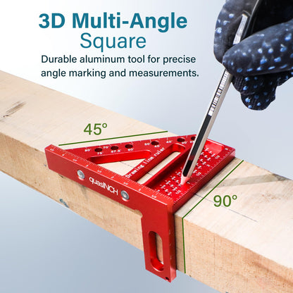 4.7＂Mini 3D Multi-Angle Measuring Square Ruler, QWTR1 High Precision Hole Scribing Woodworking Tools, 22.5°-90° Aluminum Alloy Carpenter Square with Angle Pin, Carpenter Pencil with Sharpener 6 Leads