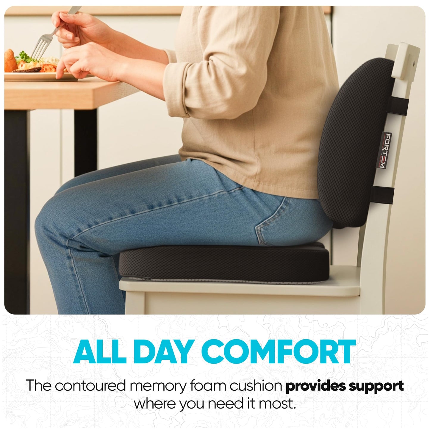 FORTEM Seat Cushion, Office Chair Cushion, Lumbar Support Pillow for Office Chair, Memory Foam Sciatica Coccyx Tailbone Pressure Pain Relief, Car Sitting Pad, Washable Non Slip