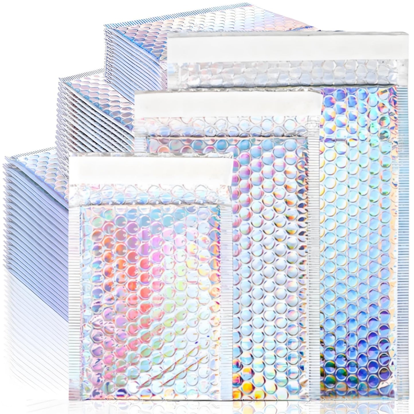 ZAVOOS 50 Pieces Metallic Bubble Mailers, Self-Seal Poly Padded Envelopes, Waterproof Holographic Bubble Shipping Envelopes for Mailing, Packing, Small Business, Christmas Gifting