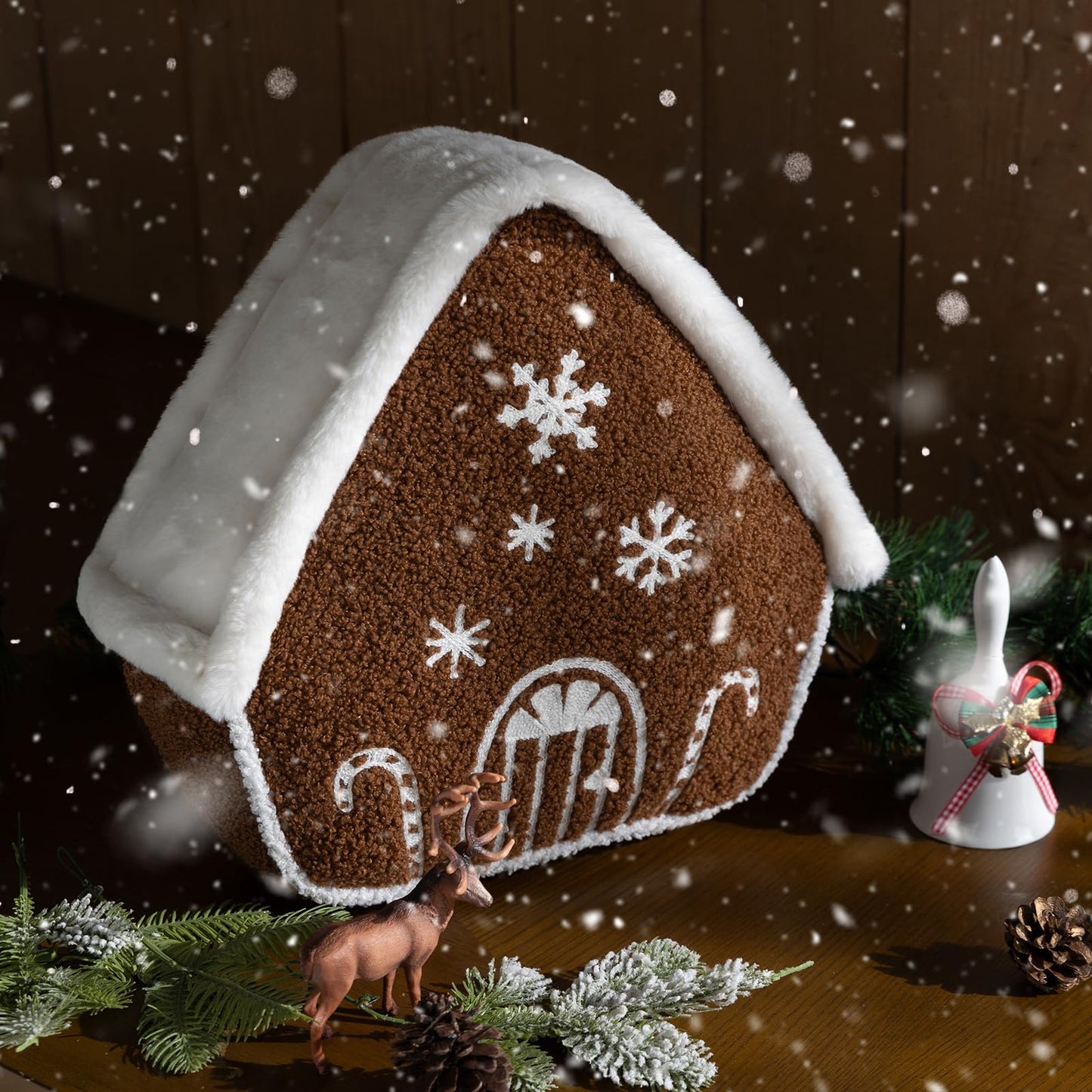 Phantoscope Gingerbread House Merry Christmas Throw Pillow, Plush Faux Rabbit Fur Roof Embroidered Teddy Gingerbread House Shaped Pillows Xmas Decorative Cushion Pillows, Coffee, 12 x 13 inches