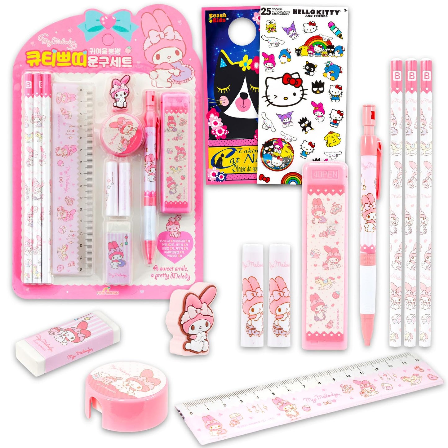 My Melody School Supplies Pack - 11 Pc Bundle with Sanrio Pencils, Mini Ruler, Eraser, Pencil Topper, Stickers, More for Kids, Girls | My Melody Back to School Supplies
