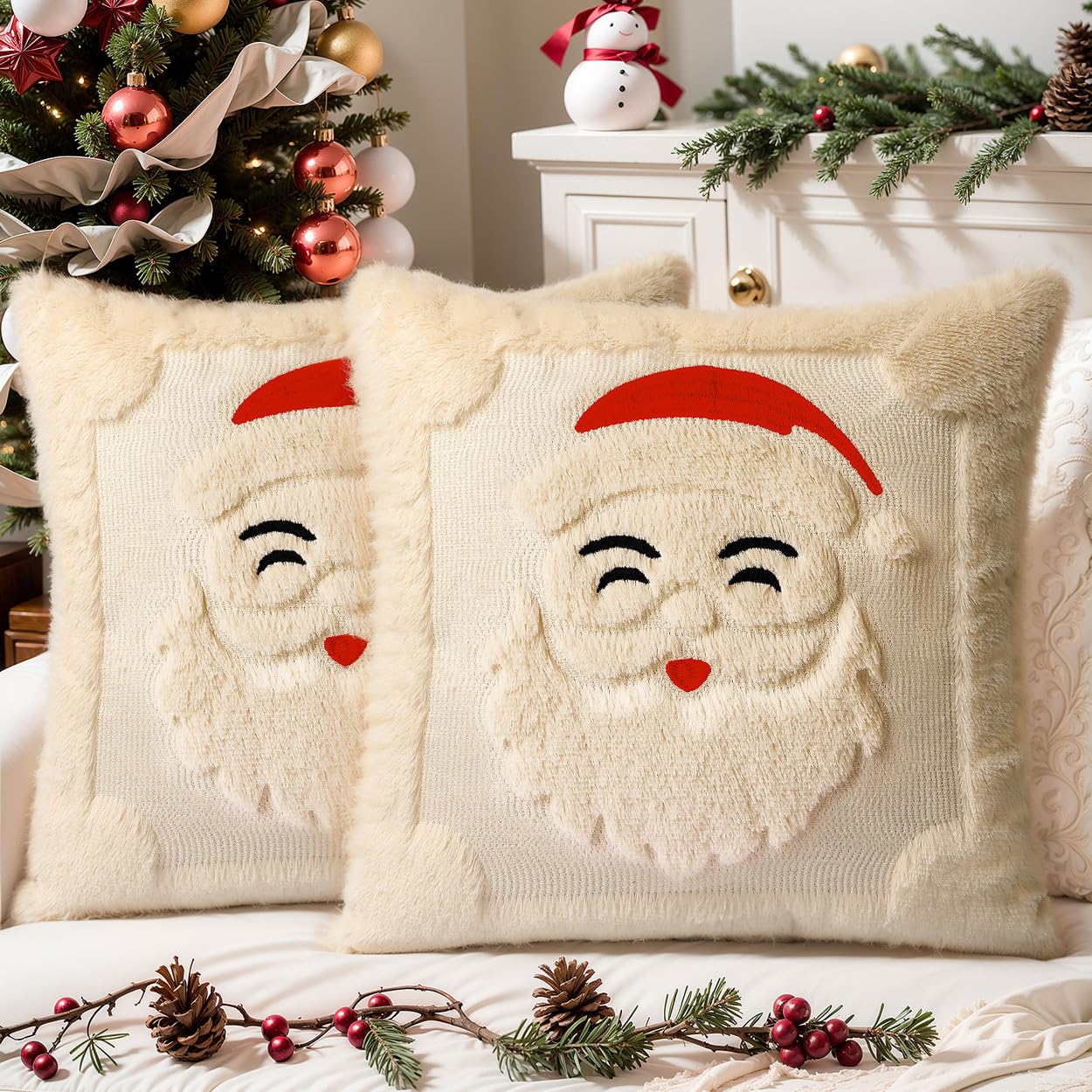SEGXCFL Christmas Pillow Covers Set of 2 Soft Plush Faux Fur Pillow Cases 3D Embroidered Decorative Couch Cover Home Decor Christmas Throw Pillow Covers 18x18,Beige Santa Clauss