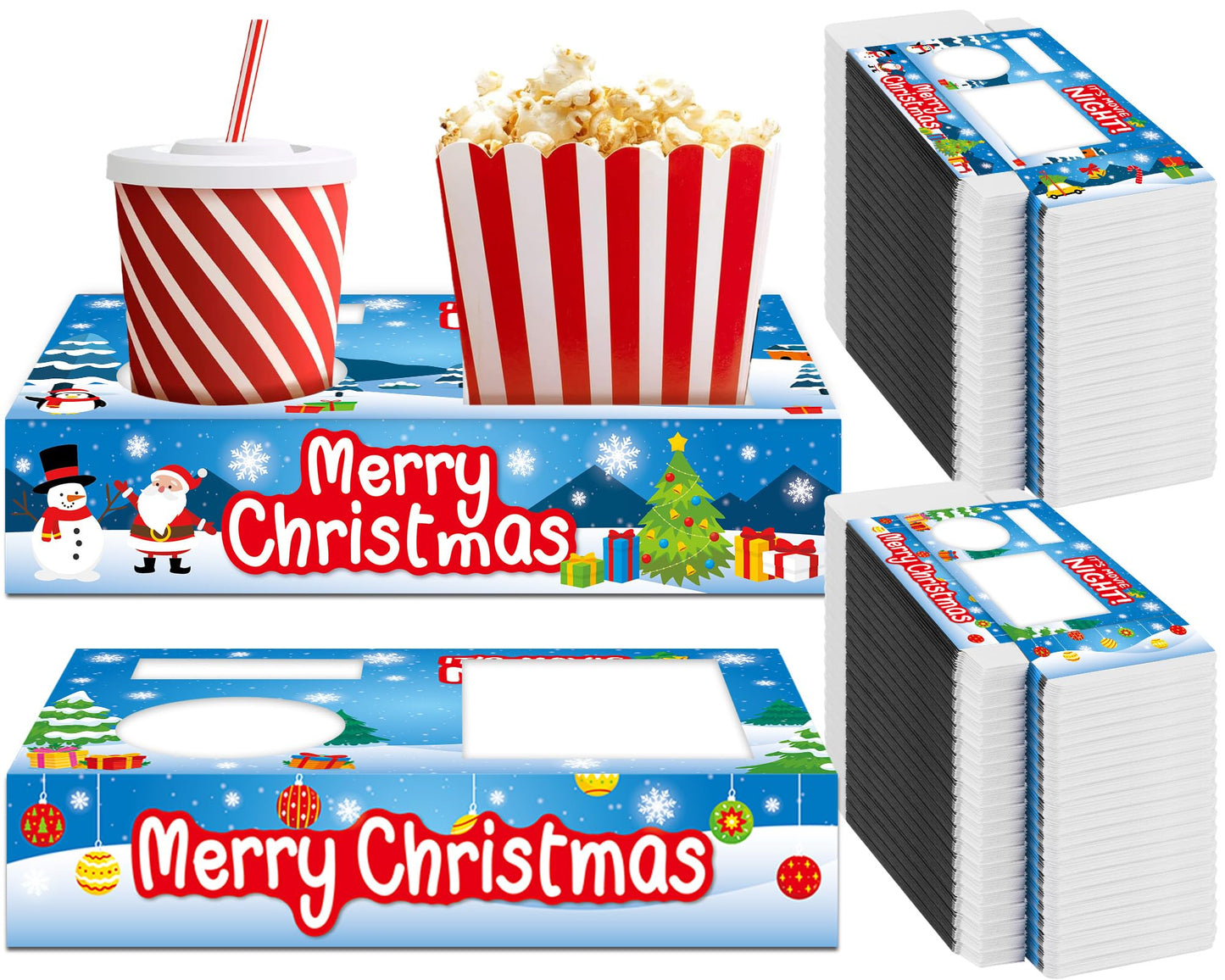 QOUBAI 50Pcs Christmas Party Supplies Movie Night Paper Snacks Boxes Xmas Movie Theater Snack Tray Party Decorations Popcorn Drink Holder Set for Christmas Xmas Tree Snowman Birthday Holiday