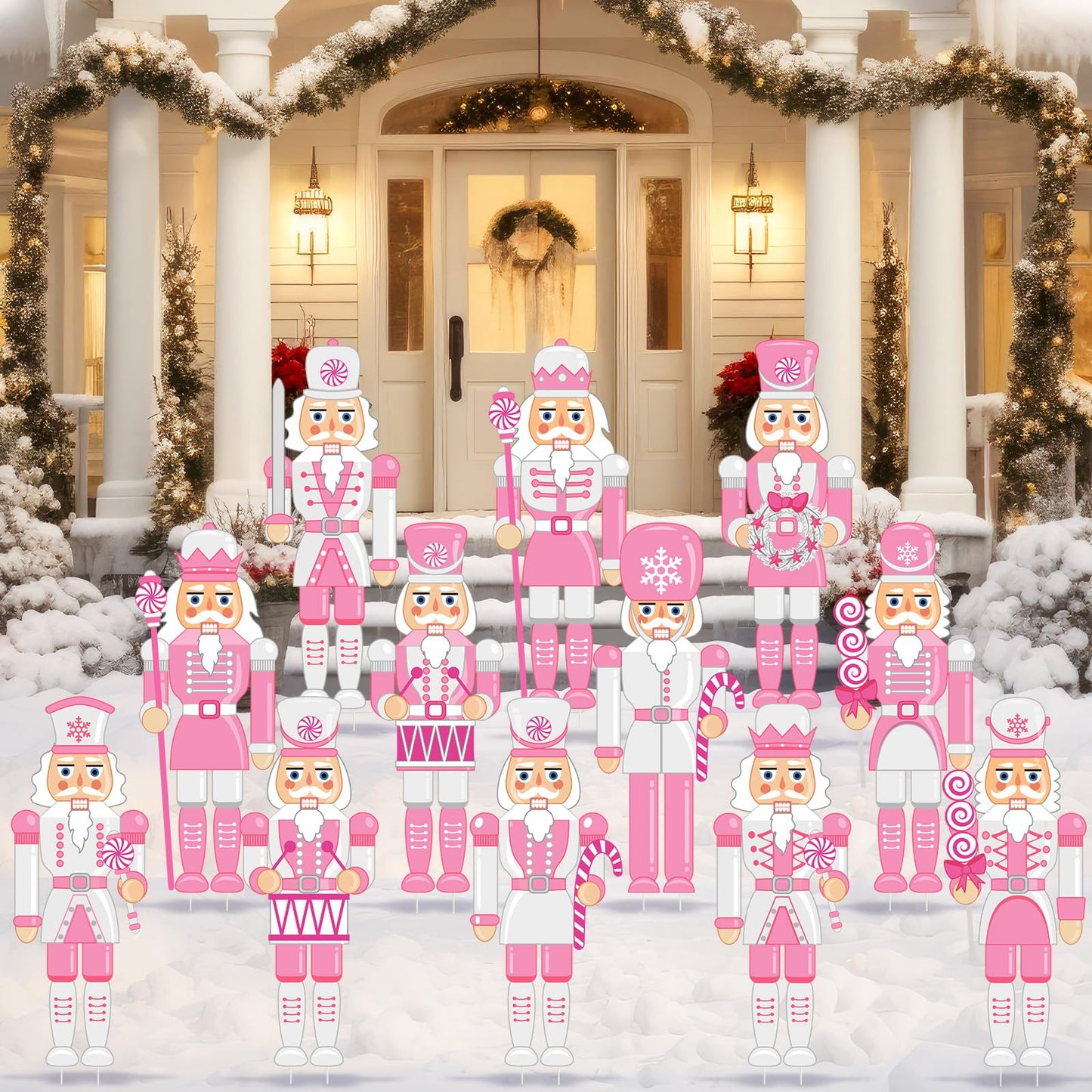 Amyhill 12 Pcs Pink Christmas Nutcracker Yard Sign Outdoor Christmas Yard Decor with Stakes Holiday Xmas Nutcracker Sign Cute Xmas Outside Lawn Decor for Outdoor Porch Garden Pathway Party
